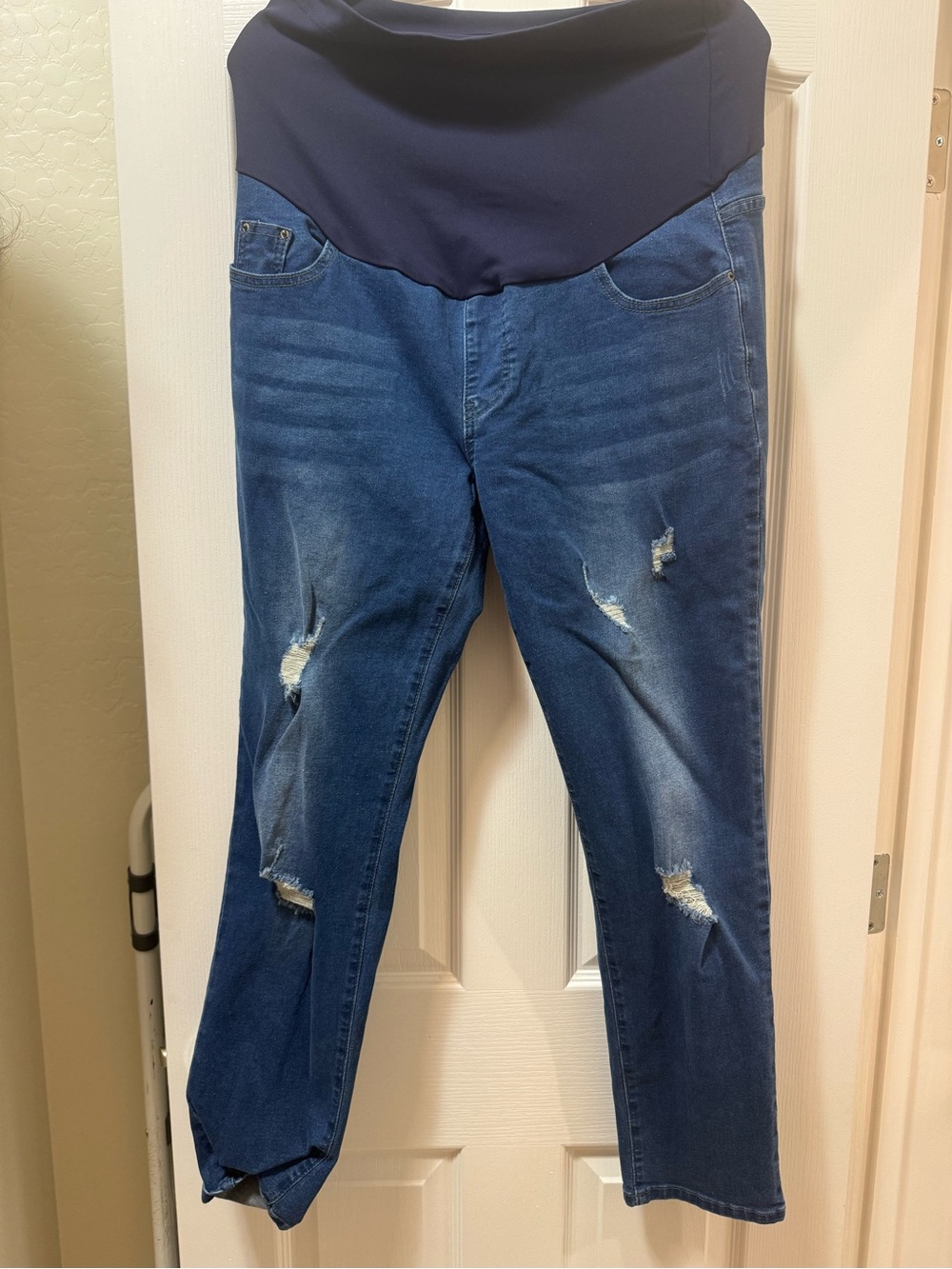 Maternity Dark Blue Distressed Jeans with Stretch Waistband